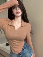Istyle Can Beige Women's Top Solid Long Sleeve Ribbed Asymmetric Hem Casual T-Shirt Istyle Can