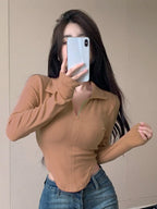 Istyle Can Beige Women's Top Solid Long Sleeve Ribbed Asymmetric Hem Casual T-Shirt Istyle Can