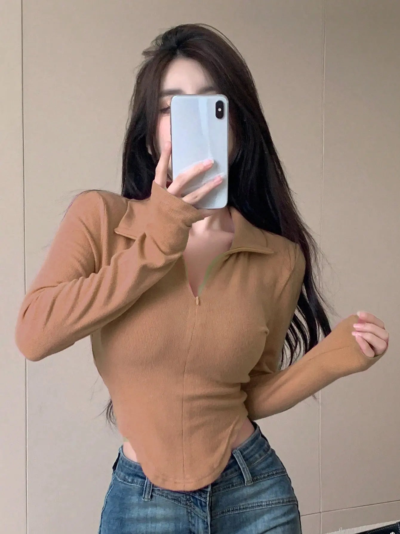 Istyle Can Beige Women's Top Solid Long Sleeve Ribbed Asymmetric Hem Casual T-Shirt Istyle Can