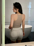 Womens Beige Solid Ribbed Helter Neck Slim Fit Crop Tank Top Istyle Can