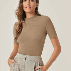 Beige Women’s Slim Fit Solid Rib Knit Stretchable Top Istyle Can