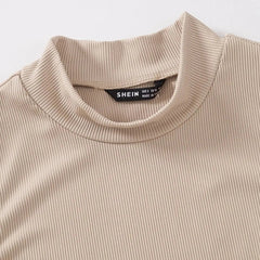 Women's & Girls Beige Solid Mock Neck Rib/Knit Sleeveless Stretchable Slim Fit Crop Tank Top Istyle Can