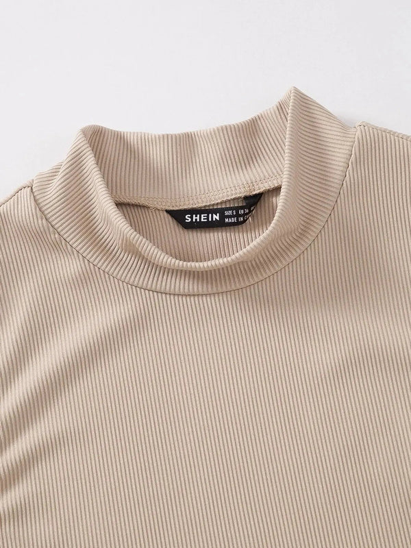 Women's & Girls Beige Solid Mock Neck Rib/Knit Sleeveless Stretchable Slim Fit Crop Tank Top Istyle Can