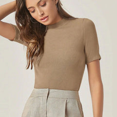 Beige Women’s Slim Fit Solid Rib Knit Stretchable Top Istyle Can