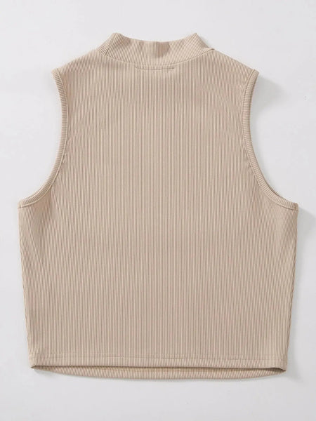 Women's & Girls Beige Solid Mock Neck Rib/Knit Sleeveless Stretchable Slim Fit Crop Tank Top Istyle Can