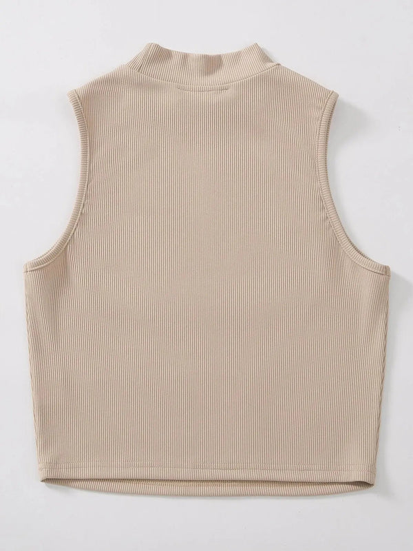 Women's & Girls Beige Solid Mock Neck Rib/Knit Sleeveless Stretchable Slim Fit Crop Tank Top Istyle Can
