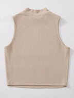 Women's & Girls Beige Solid Mock Neck Rib/Knit Sleeveless Stretchable Slim Fit Crop Tank Top Istyle Can