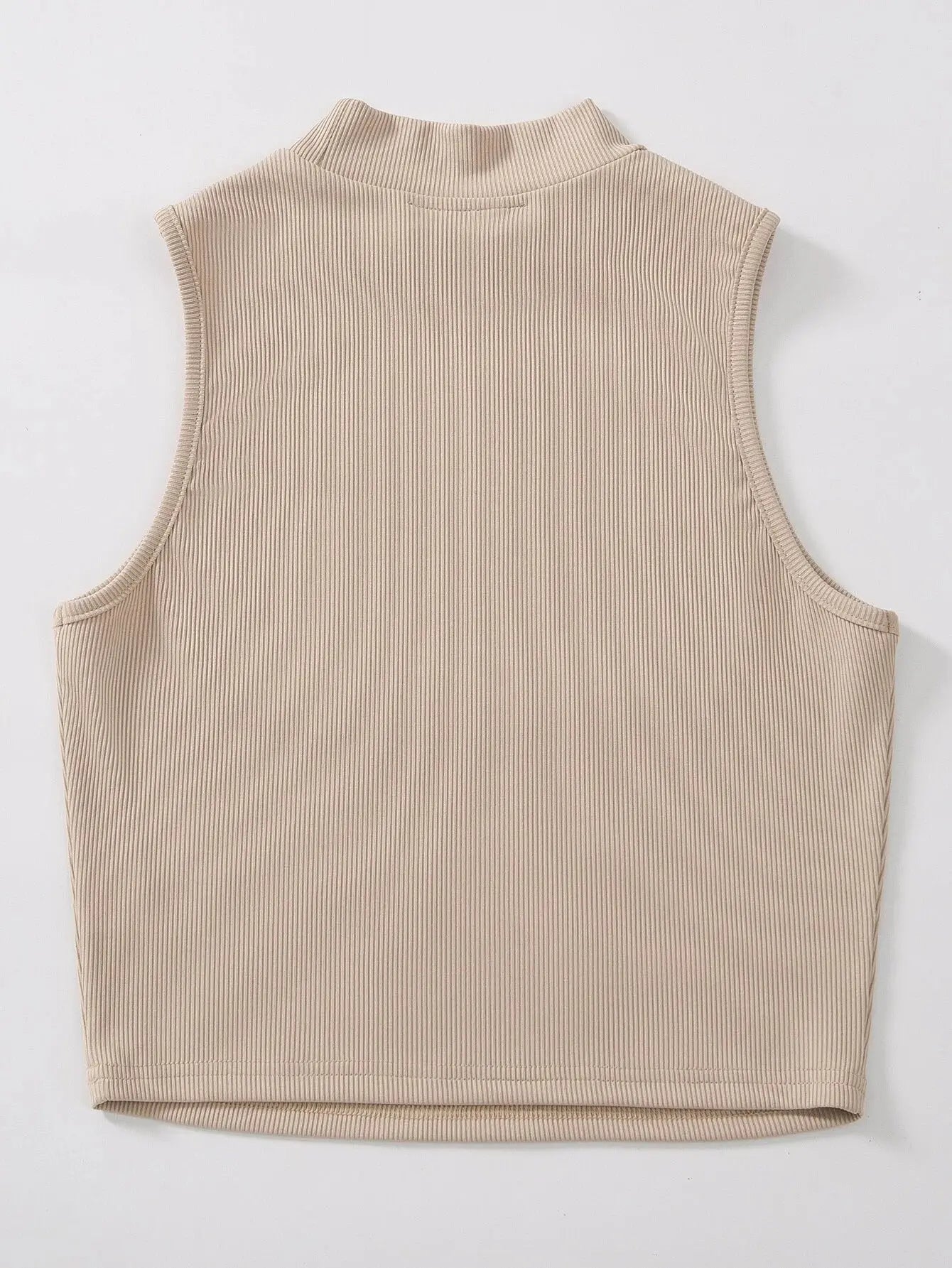 Women's & Girls Beige Solid Mock Neck Rib/Knit Sleeveless Stretchable Slim Fit Crop Tank Top Istyle Can