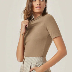 Beige Women’s Slim Fit Solid Rib Knit Stretchable Top Istyle Can