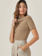 Beige Women’s Slim Fit Solid Rib Knit Stretchable Top Istyle Can