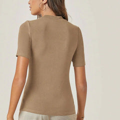 Beige Women’s Slim Fit Solid Rib Knit Stretchable Top Istyle Can