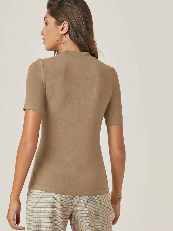 Beige Women’s Slim Fit Solid Rib Knit Stretchable Top Istyle Can