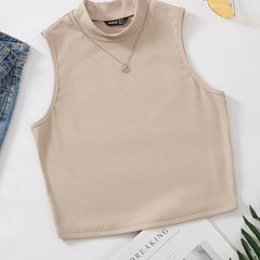 Women's & Girls Beige Solid Mock Neck Rib/Knit Sleeveless Stretchable Slim Fit Crop Tank Top Istyle Can