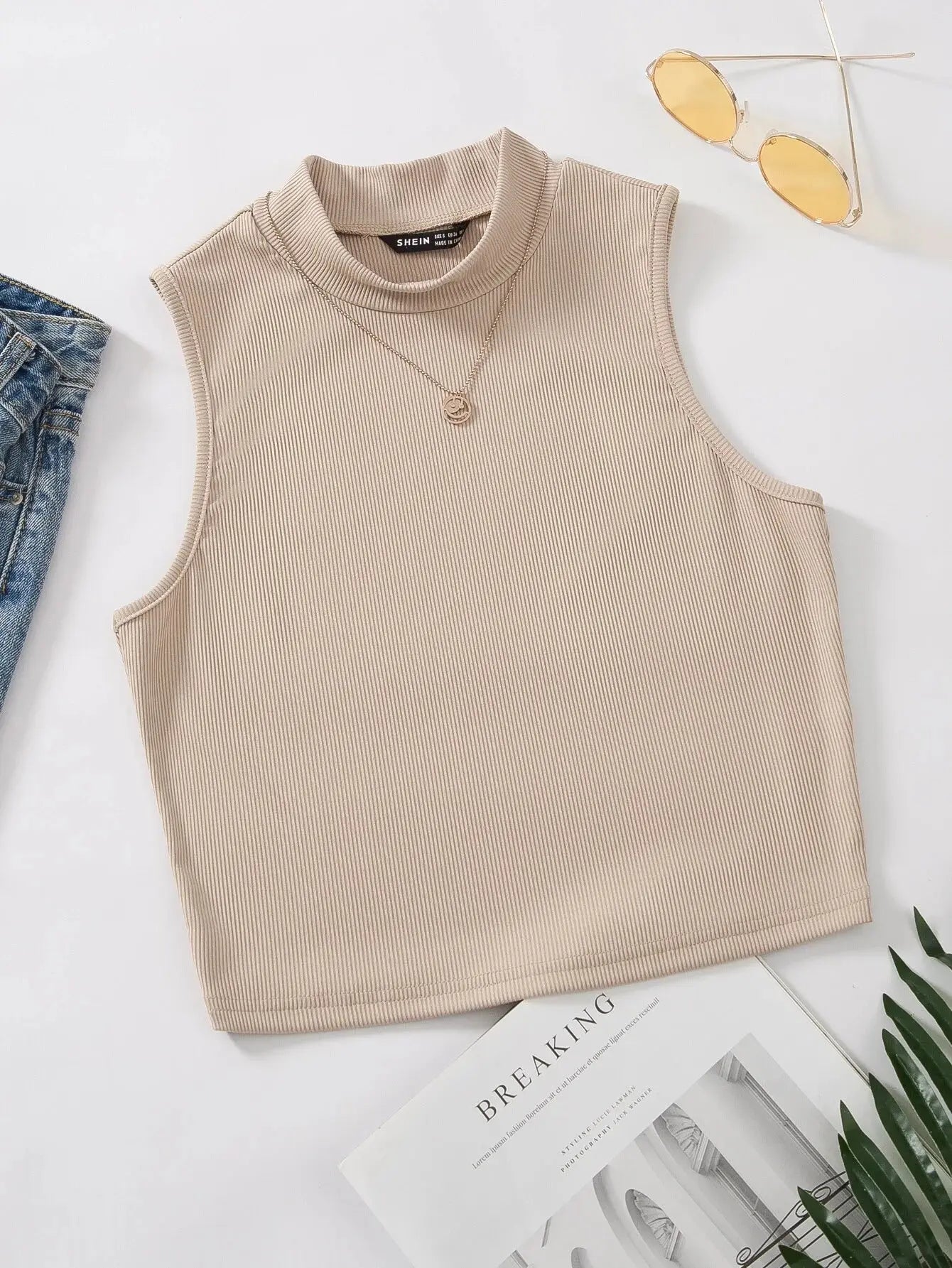 Women's & Girls Beige Solid Mock Neck Rib/Knit Sleeveless Stretchable Slim Fit Crop Tank Top Istyle Can