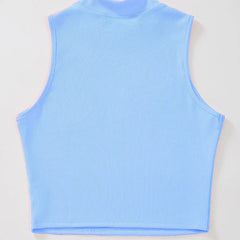 Women's & Girls Sky Blue Solid Mock Neck Rib/Knit Sleeveless Stretchable Slim Fit Crop Tank Top Istyle Can