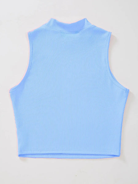 Women's & Girls Sky Blue Solid Mock Neck Rib/Knit Sleeveless Stretchable Slim Fit Crop Tank Top Istyle Can