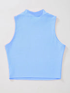 Women's & Girls Sky Blue Solid Mock Neck Rib/Knit Sleeveless Stretchable Slim Fit Crop Tank Top Istyle Can