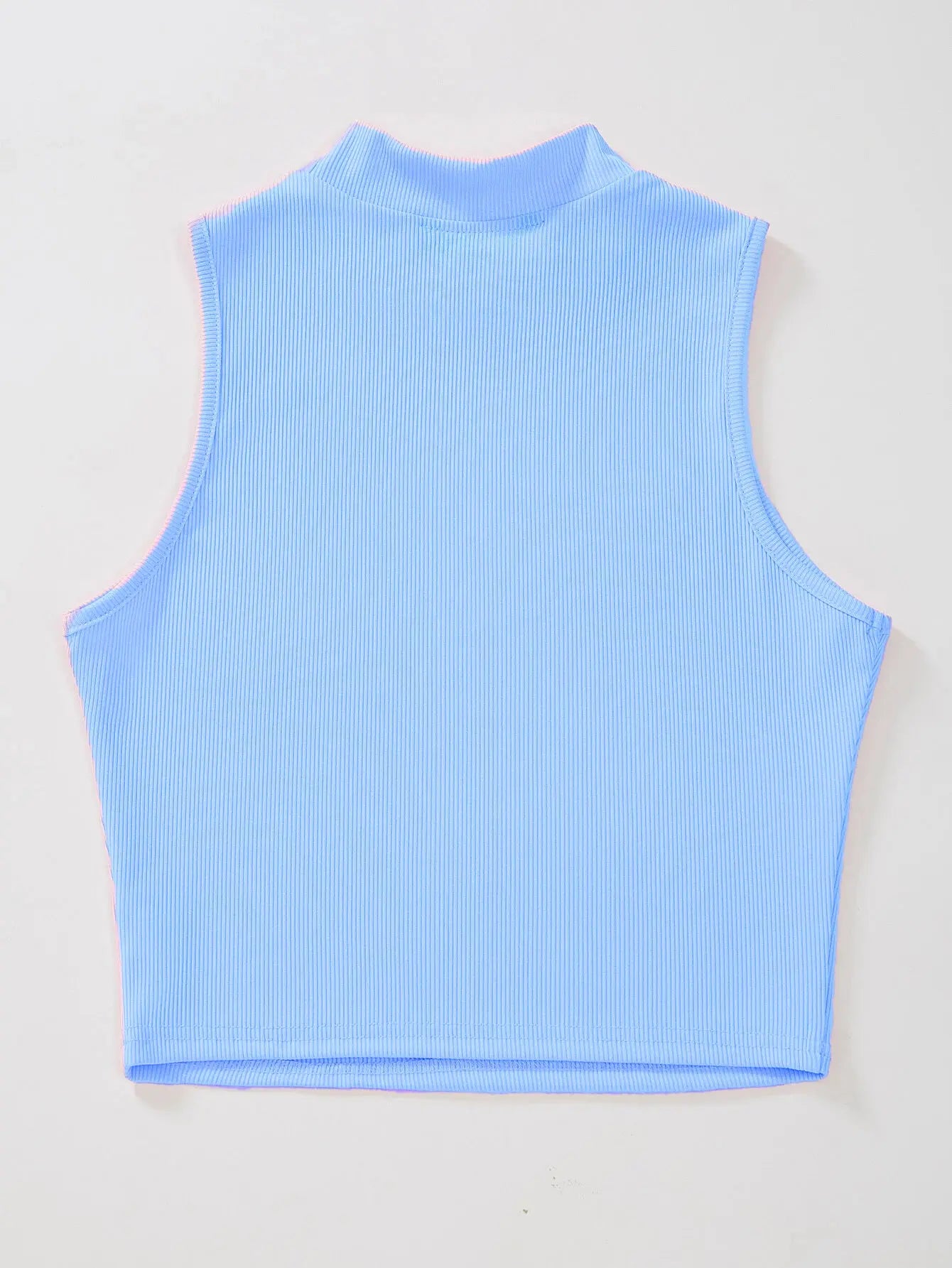 Women's & Girls Sky Blue Solid Mock Neck Rib/Knit Sleeveless Stretchable Slim Fit Crop Tank Top Istyle Can