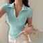 Istyle Can Sky Blue Polyester Women's Top Solid Short Sleeve Ribbed Asymmetric Hem Casual T-Shirt Istyle Can
