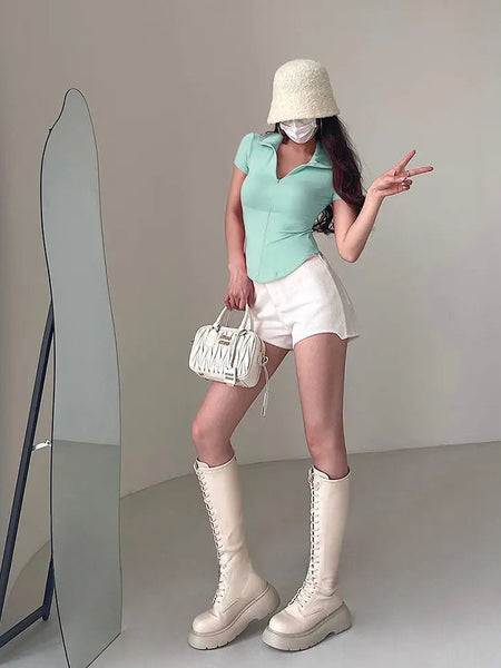 Istyle Can Sky Blue Polyester Women's Top Solid Short Sleeve Ribbed Asymmetric Hem Casual T-Shirt Istyle Can