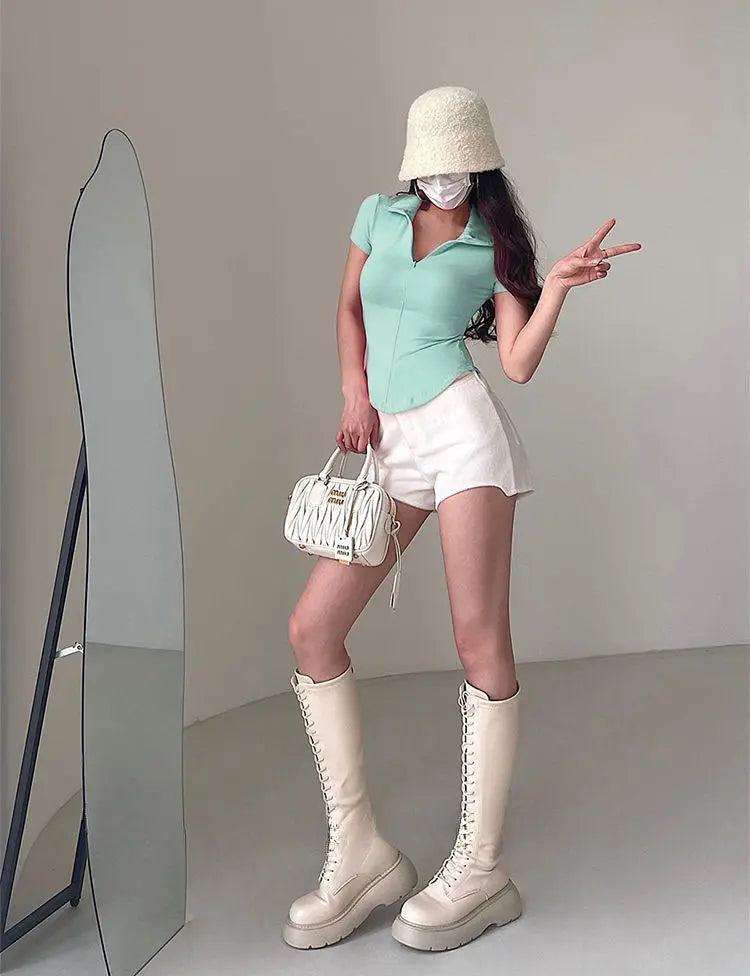 Istyle Can Sky Blue Polyester Women's Top Solid Short Sleeve Ribbed Asymmetric Hem Casual T-Shirt Secondary image