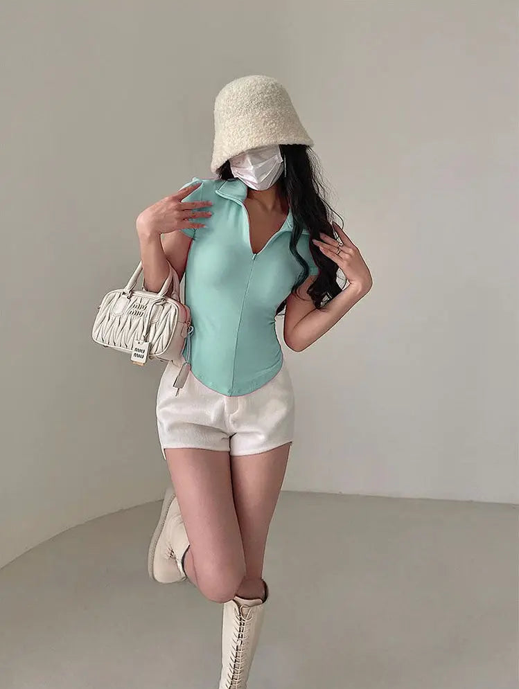 Istyle Can Sky Blue Polyester Women's Top Solid Short Sleeve Ribbed Asymmetric Hem Casual T-Shirt Istyle Can