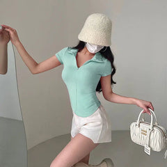 Istyle Can Sky Blue Polyester Women's Top Solid Short Sleeve Ribbed Asymmetric Hem Casual T-Shirt Istyle Can