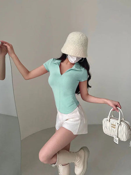 Istyle Can Sky Blue Polyester Women's Top Solid Short Sleeve Ribbed Asymmetric Hem Casual T-Shirt Istyle Can