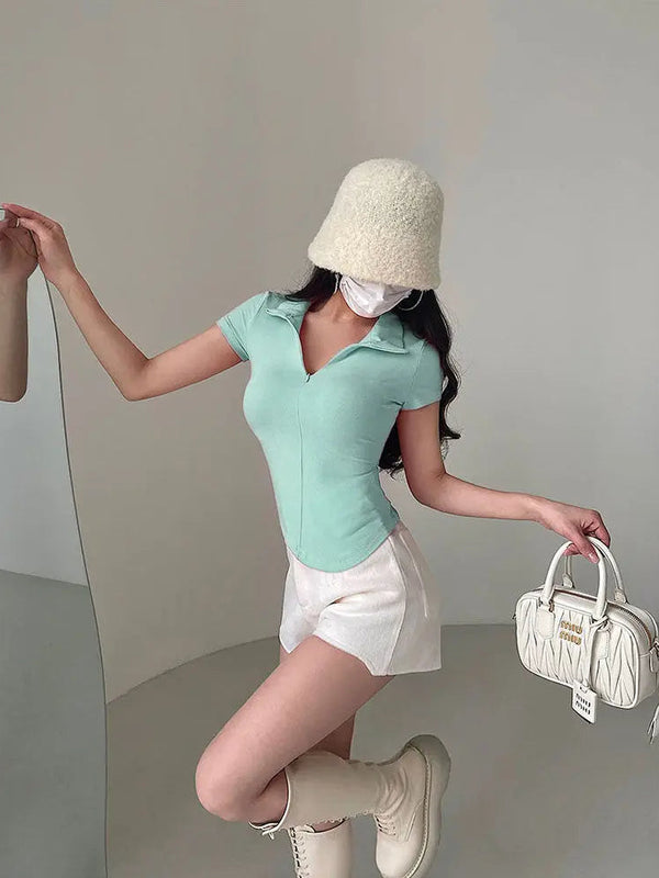 Istyle Can Sky Blue Polyester Women's Top Solid Short Sleeve Ribbed Asymmetric Hem Casual T-Shirt Istyle Can