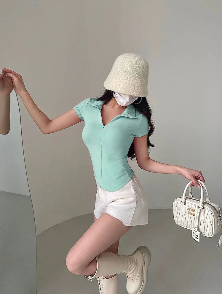 Istyle Can Sky Blue Polyester Women's Top Solid Short Sleeve Ribbed Asymmetric Hem Casual T-Shirt Istyle Can