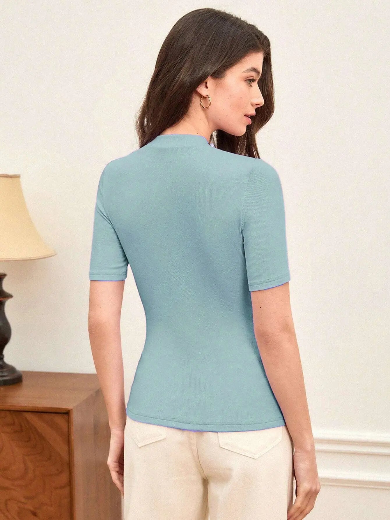 Sky Blue Women’s Slim Fit Solid Rib Knit Stretchable Top Istyle Can