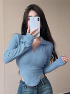 Istyle Can Sky Blue Women's Top Solid Long Sleeve Ribbed Asymmetric Hem Casual T-Shirt Istyle Can
