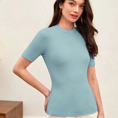 Sky Blue Women’s Slim Fit Solid Rib Knit Stretchable Top Istyle Can