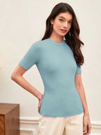 Sky Blue Women’s Slim Fit Solid Rib Knit Stretchable Top Istyle Can