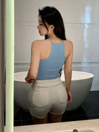 Womens Sky Blue Solid Ribbed Helter Neck Slim Fit Crop Tank Top Istyle Can