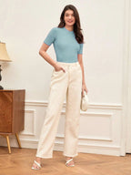 Sky Blue Women’s Slim Fit Solid Rib Knit Stretchable Top Istyle Can