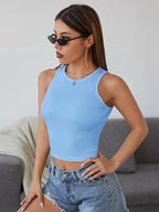 Women's Crew Neck Sleeveless Solid Rib Knit Sky Blue Crop Tank Top Istyle Can