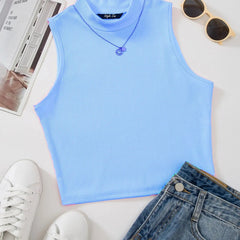 Women's & Girls Sky Blue Solid Mock Neck Rib/Knit Sleeveless Stretchable Slim Fit Crop Tank Top Istyle Can