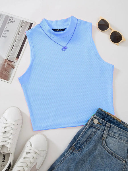 Women's & Girls Sky Blue Solid Mock Neck Rib/Knit Sleeveless Stretchable Slim Fit Crop Tank Top Istyle Can