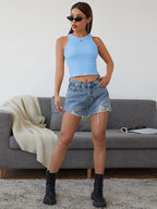 Women's Crew Neck Sleeveless Solid Rib Knit Sky Blue Crop Tank Top Istyle Can