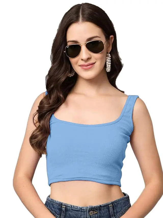 Women's & Girls' Solid Sky Blue Ribbed Square Neck Slim Fit Crop Tank Tops Istyle Can