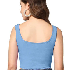 Women's & Girls' Solid Sky Blue Ribbed Square Neck Slim Fit Crop Tank Tops Istyle Can