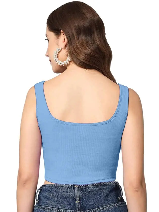 Women's & Girls' Solid Sky Blue Ribbed Square Neck Slim Fit Crop Tank Tops Istyle Can