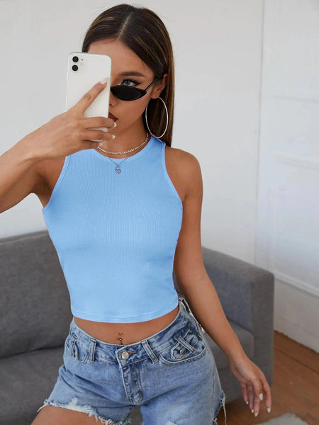 Women's Crew Neck Sleeveless Solid Rib Knit Sky Blue Crop Tank Top Istyle Can