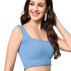 Women's & Girls' Solid Sky Blue Ribbed Square Neck Slim Fit Crop Tank Tops Istyle Can