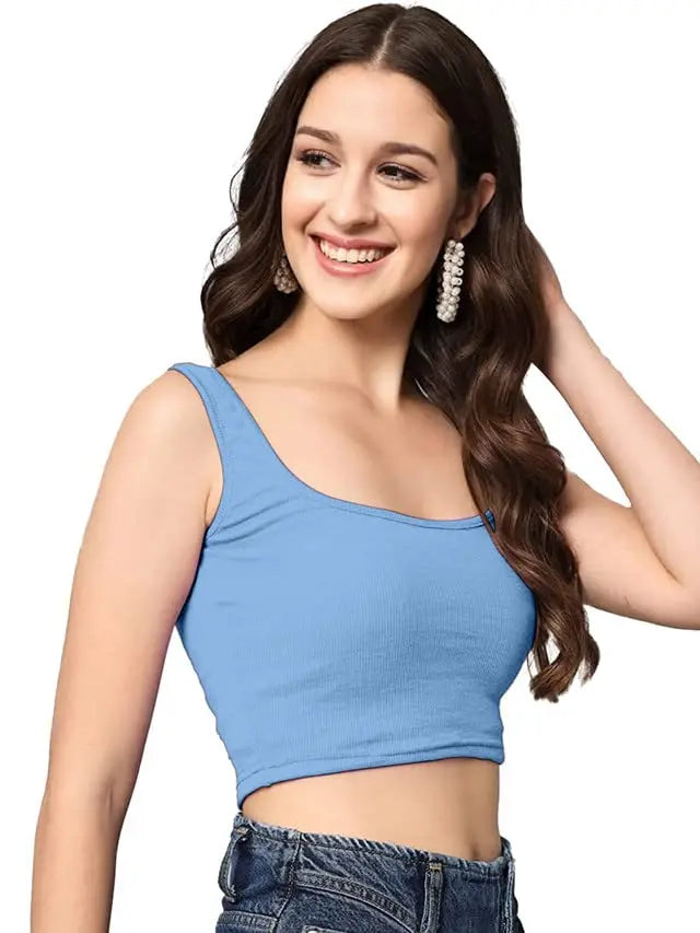 Women's & Girls' Solid Sky Blue Ribbed Square Neck Slim Fit Crop Tank Tops Istyle Can