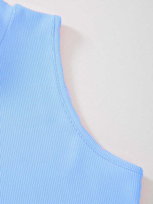 Women's & Girls Sky Blue Solid Mock Neck Rib/Knit Sleeveless Stretchable Slim Fit Crop Tank Top Istyle Can