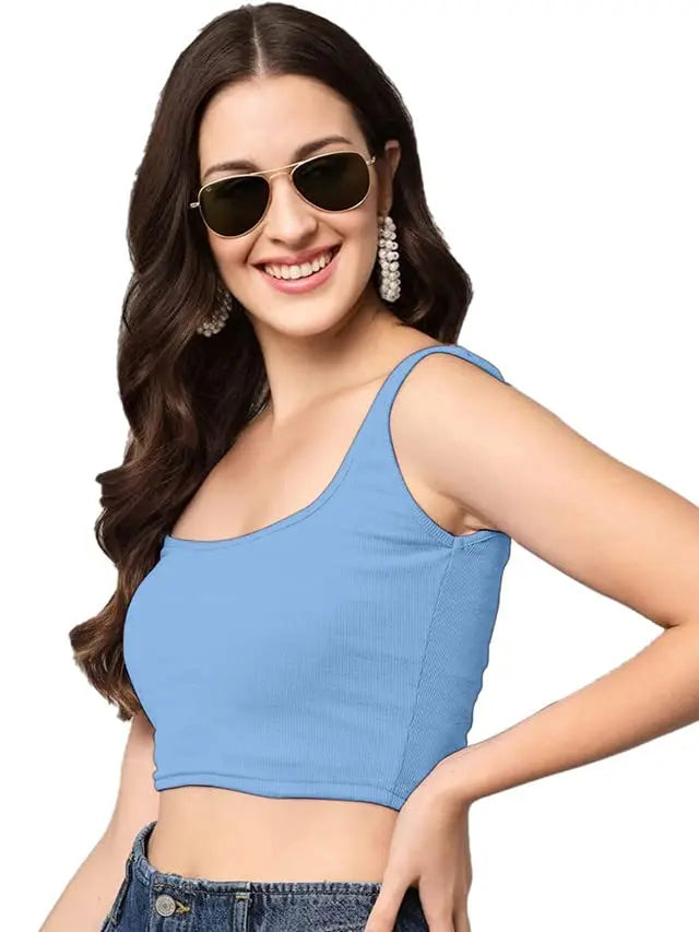 Women's & Girls' Solid Sky Blue Ribbed Square Neck Slim Fit Crop Tank Tops Istyle Can