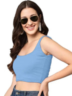 Women's & Girls' Solid Sky Blue Ribbed Square Neck Slim Fit Crop Tank Tops Istyle Can