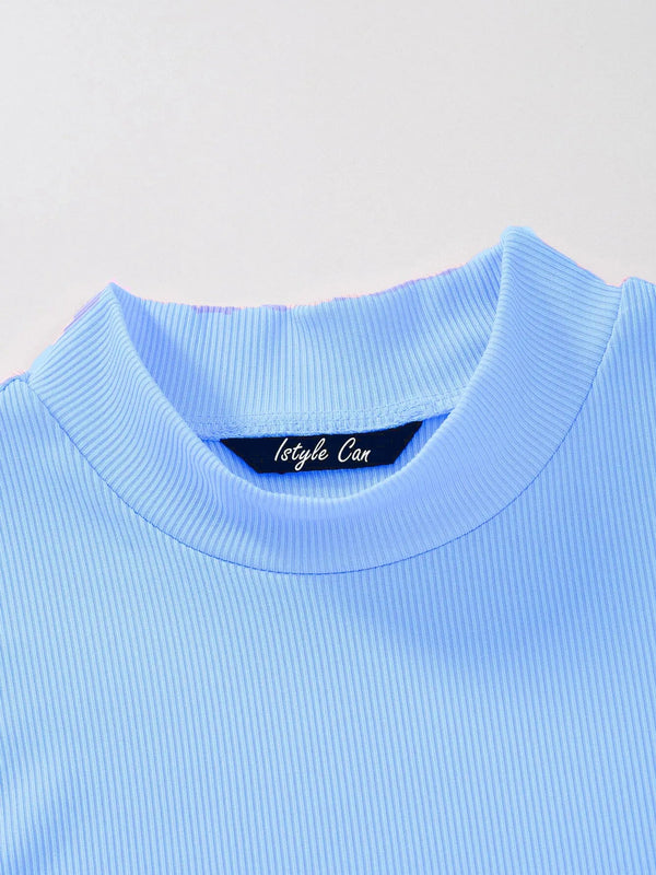 Women's & Girls Sky Blue Solid Mock Neck Rib/Knit Sleeveless Stretchable Slim Fit Crop Tank Top Istyle Can